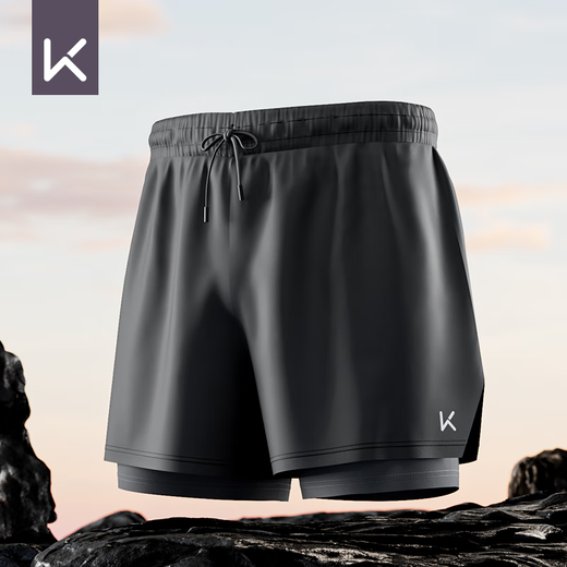 Keep swimming trunks men's anti-embarrassment double-layer loose swimming trunks quick-drying beach spa equipment 192 black XL