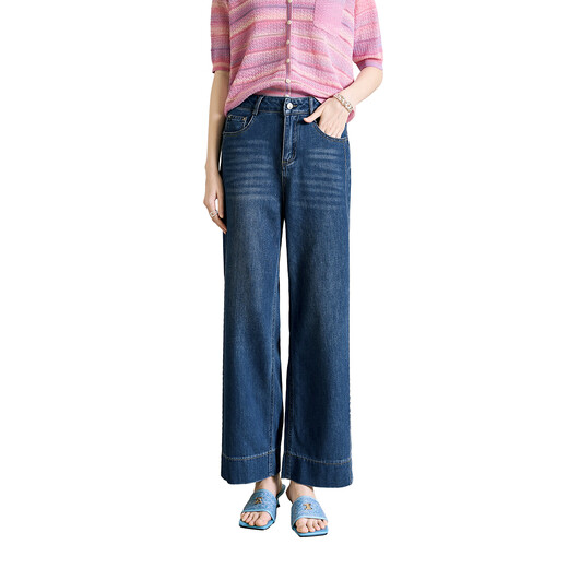 颜域蓝色高腰直筒牛仔裤女2025夏季新款薄款做旧阔腿裤女士休闲裤 蓝色 XL