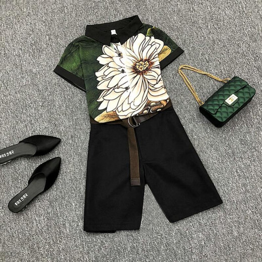 Zhidoudou Top de gasa para mujeres de verano con pantalones cortos de dos piezas de patas de patas de pierna ancha + 6050 pantalones negros + cinturón S