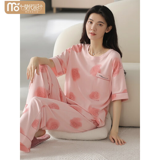 Victoria's Style Pyjama für Frauen im Sommer Baumwolle kurzärmelige Hosen für dünne, komfortable reine Baumwollsommer-Sommer-Frauen-Heimkleidung können außerhalb von Anzug YZT9711 Short.Sleeved Long.Trouser M 80-100jin [Jin gleich 0,5 kg]