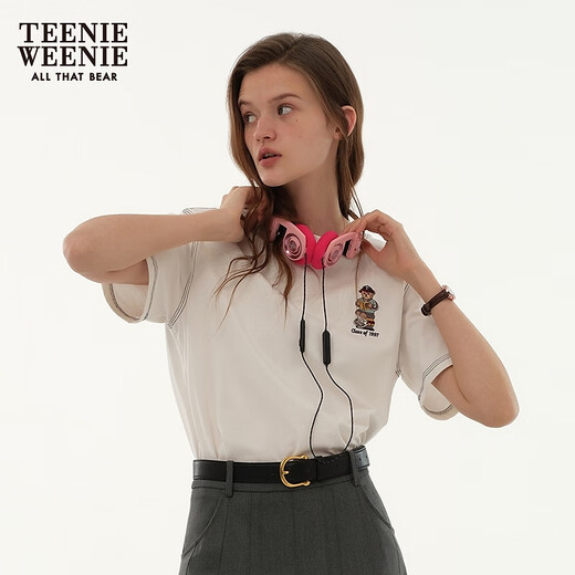 Teenie Weenie Bär Frauen T-Shirt 2025 Frühling und Sommer Neue Mode Dopamin Lose Kurzarm Top Elfenbein Weiß M.