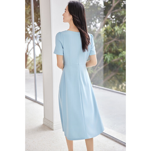 尚都比拉职场连衣裙女夏季收腰中长裙泡泡袖裙子 浅蓝色152L80063  XL