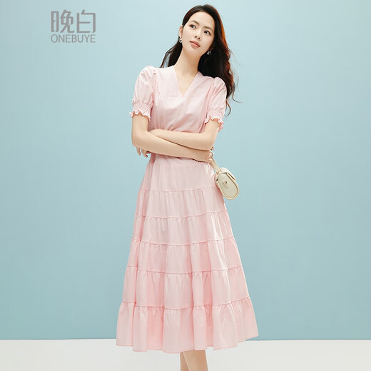 晚白2025年夏款时尚休闲裙子气质亲肤全棉收腰短袖连衣裙 粉色 M