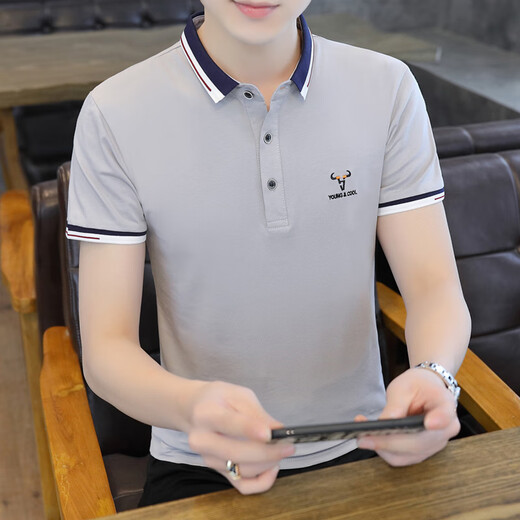 以纯 YISHION夏季纯棉翻领男士短袖polo衫潮流商务休闲百搭青年有带领子体恤衫 湖蓝色 QY673 M