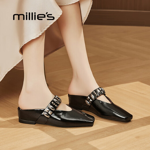 妙丽（Millies）高级感平底内增高包头半拖鞋女外穿真皮气质百搭凉拖女 黑色 38
