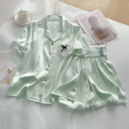 Victoria's style ice silk pajamas for women in summer short-sleeved princess style sexy lace home clothing set 2025 new summer cute 9214 short-sleeved 2XL 130-145Jin [Jin equals 0.5 kg]