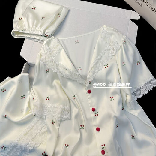 UKUHPKins小樱桃蕾丝边睡衣女夏季三件套短袖短裤长裤家居服薄 LW-9214【短袖短裤】 M 【建议80-100斤】