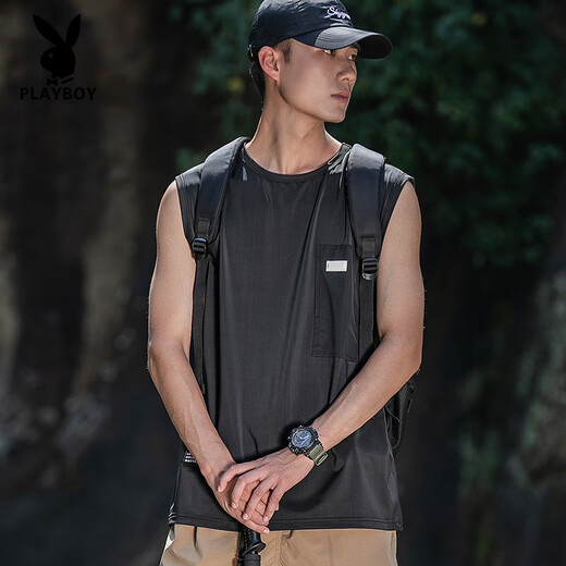 Playboy (Playboy) Ice Silk Sports Viete Men's Cool Felt Felt Loose Sans Sans manchettes Minet High Elastic Fitness VIET de basket-ball T-shirt noir - Ice Silk High Elastic L (120-140jin [Jin est égal à 0,5 kg]))