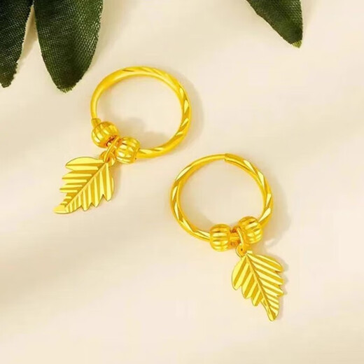 KZD Old Phoenix Gold Store Model Hong Kong Duty Free 9999 Color Earrings Gold Leaf Earrings Versatile Slimming Temperament Earrings 18K Gift Box + Certificate Lao Fengxiang's Same Style Lao Fengxiang's Same Style