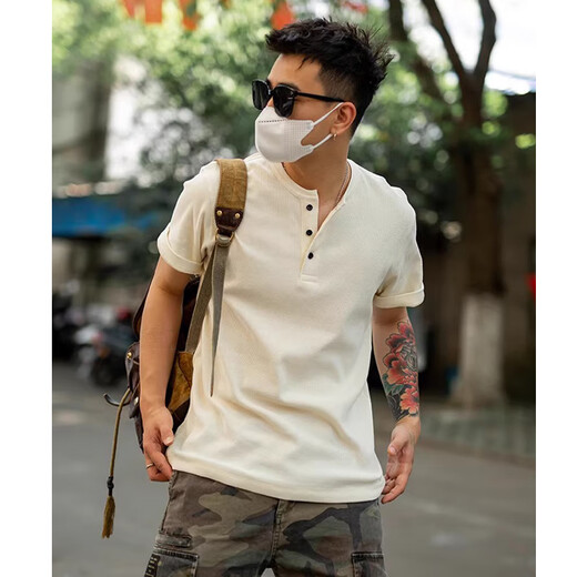 仓石一树仓石一树美式短袖亨利衫领T恤男夏季重磅抗皱潮流帅气百搭POLO衫 军绿色 XL 155-170斤