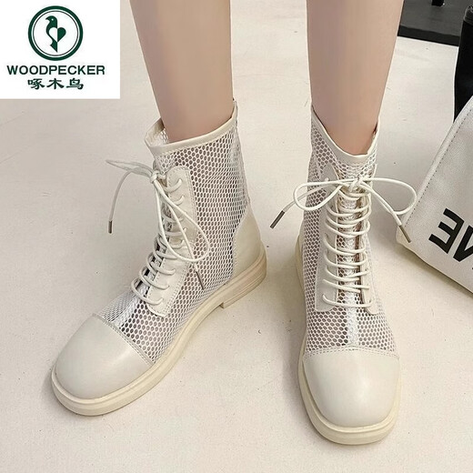 Woodpecker Martin boots summer thin women's 2025 new genuine leather breathable internet celebrity hollow mesh boots thick-soled sponge cake summer boots black 38