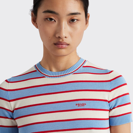 PRADA/普拉达【礼物】女士条纹圆领棉质针织衫 蓝色/自然色 36