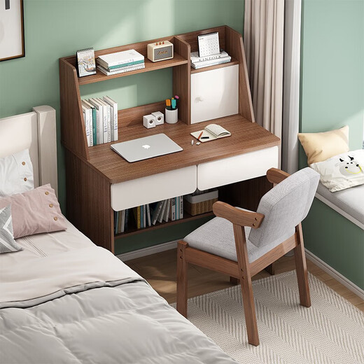 Simple desk bookshelf integrated student writing study table small apartment bedroom home office desktop computer table 60cm Nordic maple color