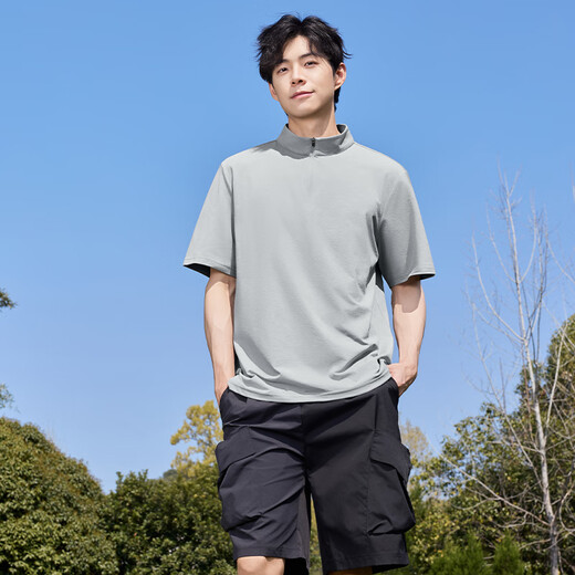 名创优品（MINISO）速干衣男士夏季抗菌防晒立领半拉链短袖透气凉感t恤衫 浅灰 XL