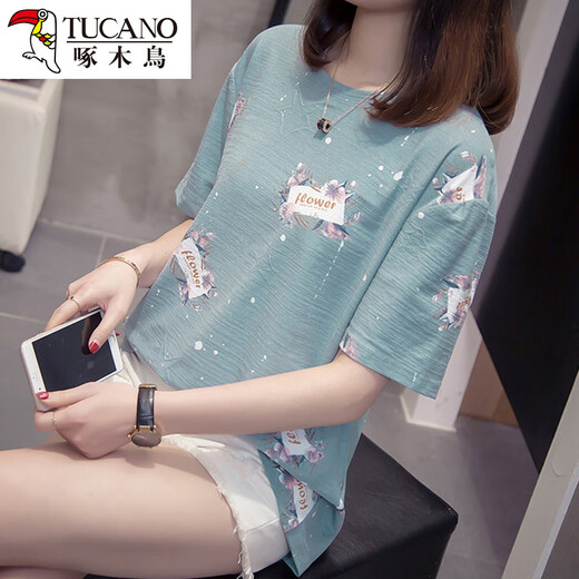 Woodpecker 2025 Vêtements d'été avec un t-shirt à manches courtes en coton pur pour les femmes couvrant leur ventre lâche et mince décontracté et polyvalent pour les femmes 9902 Blue M [environ 80-95]