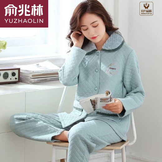 俞兆林夹层睡衣女秋冬款加厚纯棉长袖套装中年妈妈大码空气薄夹棉家居服 QM6169 2XL