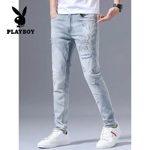 花花公子（PLAYBOY）高端弹力牛仔裤男士潮牌夏季薄款破洞刺绣修身小脚浅色百搭长裤子 浅蓝色3890皇冠破洞裤 27