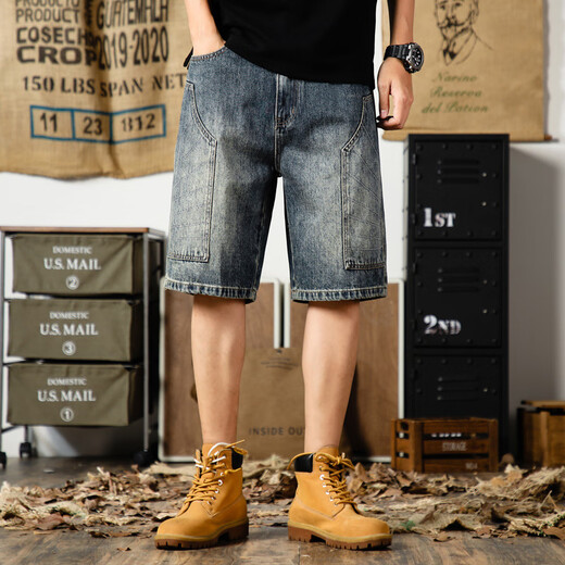 
Yiling Yibei 2025 new American casual denim shorts men's loose large size thin mid-size pants 9923 light blue 28