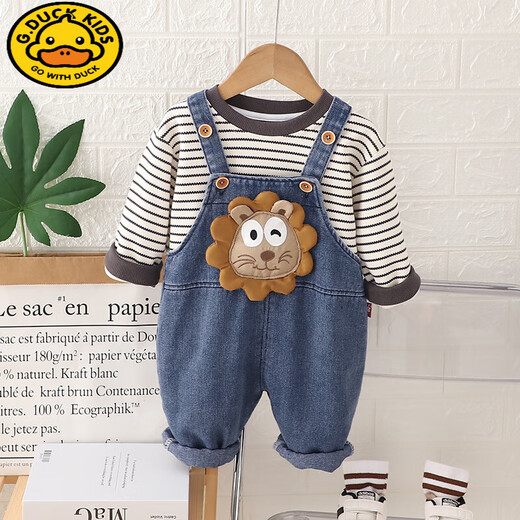 G.DUCKKIDS baby boy spring and autumn denim overalls set new fashionable cartoon baby children's clothes autumn two-piece set green L Lion strap two-piece set 100