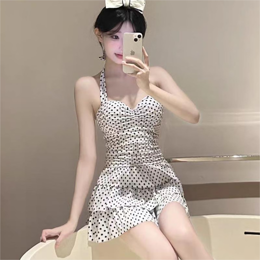 Bai Qixin swimsuit female one-piece retro polka dot backless pure desire hot spring conservative slim cover belly sexy 2026 new white polka dot swimsuit one size (recommended 70-120Jin Jin equals 0.5 kg)