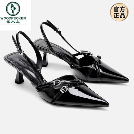 Woodpecker 2025 Été Nouveau chaton de cuir breveté noir Sandales à talons Sandales Toe Talon Slim Chaussures simples Points Talons hauts pour les femmes Black (3,5 cm) 9272 34