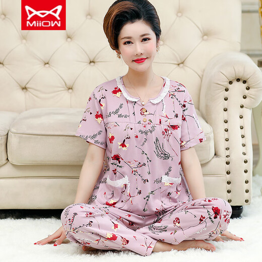 Catman Miiow Pyjamas d'âge moyen et âgé pour les femmes, un pantalon à manches courtes en coton pur, des combinaisons de vêtements de maison en vrac et plus grandes, peut être porté à l'extérieur de M4-II9201III Pullover M [adapté à 80-jin [Jin est égal à 0,5 kg]]]