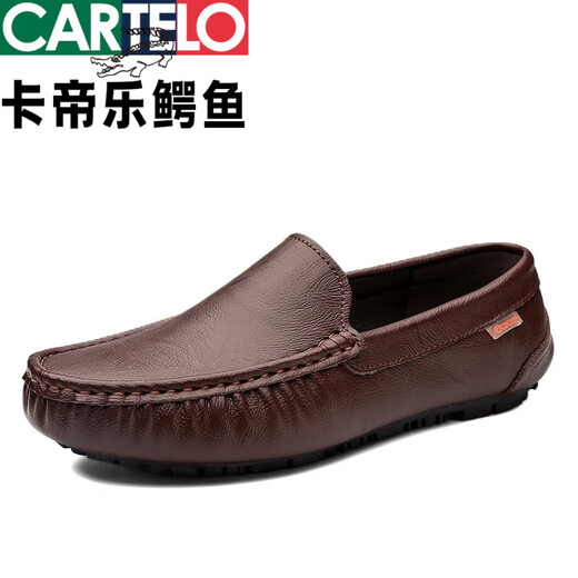 卡帝乐鳄鱼男鞋2025夏新款商务休闲皮鞋软底舒适套脚英伦豆豆男鞋 9901棕色【镂空款】 41