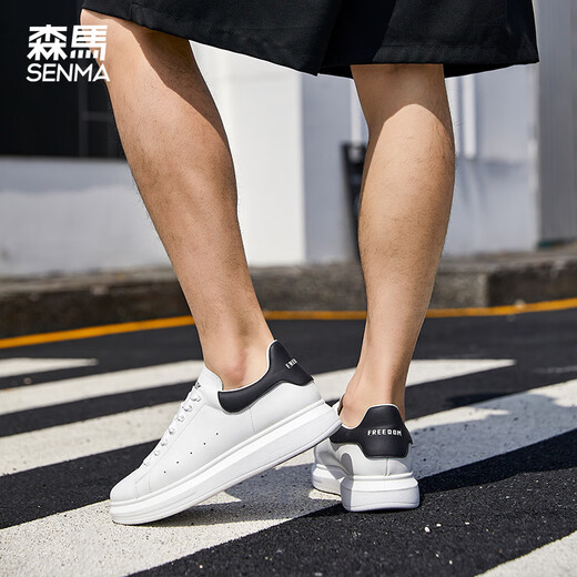 森馬（Senma）板鞋小白鞋男2025新款皮面纯色厚底休闲潮流透气男鞋百搭松糕 9227白黑色 38