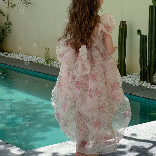 Tiaodegao Princess Dress Girls Summer Princess Dress Floral Bow Tail Dress Birthday Party Dress Floral Bow Princess Dress-Pink-130cm