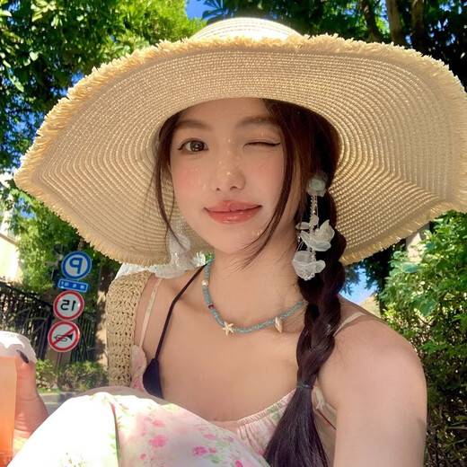 丽纱蓓儿草帽女2025年新款蕾丝蝴蝶结大帽檐法式沙滩帽海边防晒草编遮阳帽 米白色