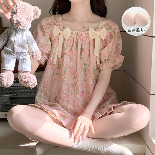 贝逸芙带胸垫睡衣女夏季短袖短裤云朵棉网红薄款可爱甜美卡通家居服套装 zz9902-2#小红花 L