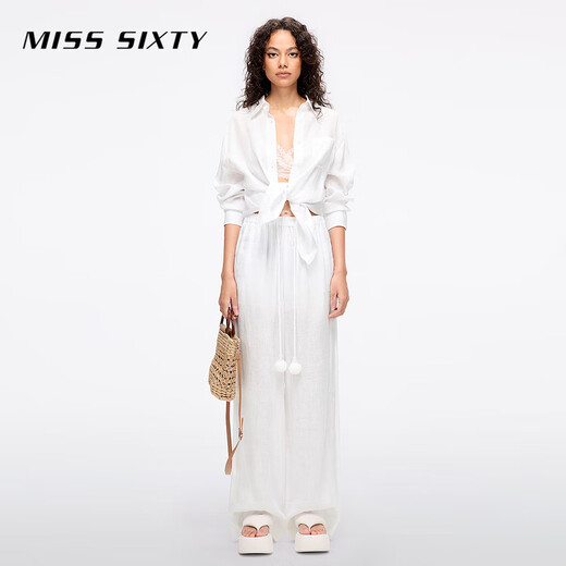 MISS SIXTY2025 summer new casual pants for women elastic waist thin linen loose draping straight trousers bleached S