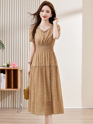 TJQ ​​​​Luxus-High-End-Markenkleid für Damen im neuen Sommerstil 2025, atemberaubender rosa bedruckter Taillen-Schlankheitsrock, cremefarbenes M empfohlen 105Jin Jin entspricht innerhalb von 0,5 kg