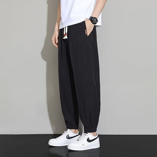 至涛冰丝裤子男士夏季薄款哈伦裤速干运动束脚九分百搭宽松休闲长裤 黑色 XL