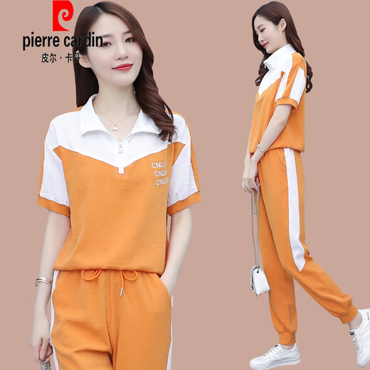 Pierre Cardin Ice|Silk Short Sleeve Sports Suit Running Women's Summer 2025 New Loose Slim Fashion Fashion Casual Two Pieces 1389 Blue M (Recommended 100 Jin Jin is equal to less than 0.5 kg)