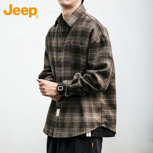 JEEP Jeep long-sleeved shirt men's autumn and winter retro plaid work shirt men's casual jacket men's navy blue 2XL
