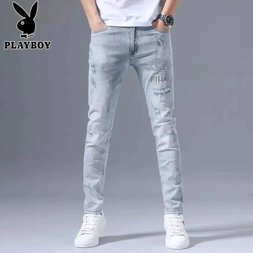 花花公子（PLAYBOY）欧洲站高端春秋季破洞牛仔裤男修身小脚潮牌韩版烫钻浅色薄款长裤 浅蓝色3890款 28