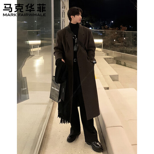 Mark Huafei Woolen Coat Men's Autumn and Winter New Korean Style High-Quality Medium-Length Shoulder-Pad Windbreaker Over-the-Knee Loose Woolen Coat Black (Cotton Style) L 132-150Jin Jin is equal to 0.5 kg
