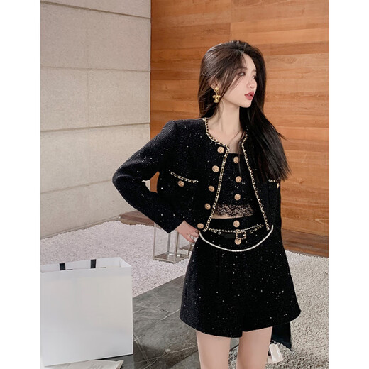 HONGSILINYI small fragrance suit women's autumn and winter hair accessories ladylike temperament short coat camisole wide leg shorts three-piece set black three-piece set S