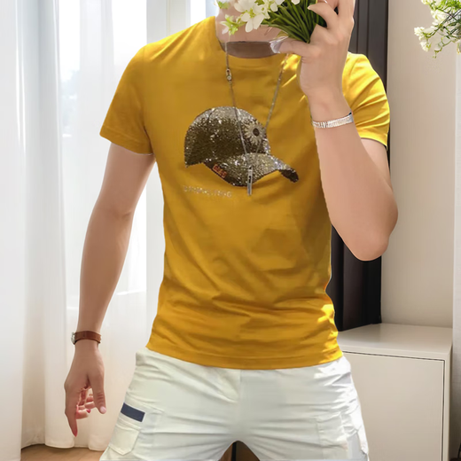 Giocp Hong Kong Trendy Brand Sommer Neuer mercerisierter Baumwollhut-Bügeln Diamant Kurzarm Internet Promi Persönlichkeit Trendy Slim Hälfte T-Shirt Männer Orange 733 Hut 3xl