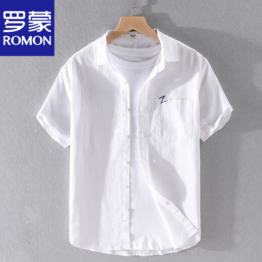 罗蒙（ROMON）男士亚麻短袖衬衫日系宽松薄款夏季青年纯色休闲棉麻料衬衣服 9711黄色 2XL 145斤左右
