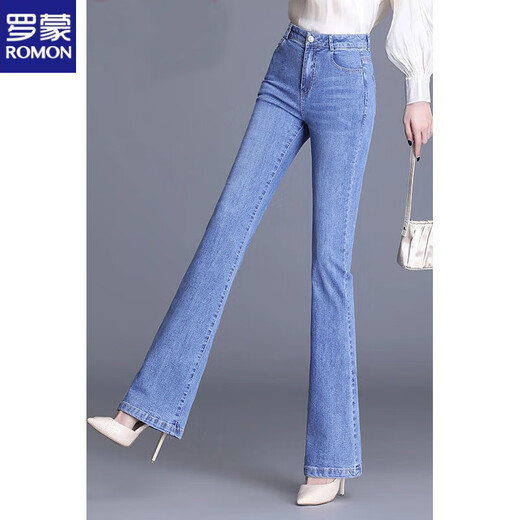 Romon gerade Glockenboden Jeans Frauen hohe Taille 2025 Neue Frühlings- und Sommer-Frauenhosen elastische Taille schlampige Hose Lose 819-Blue-Zipper 26