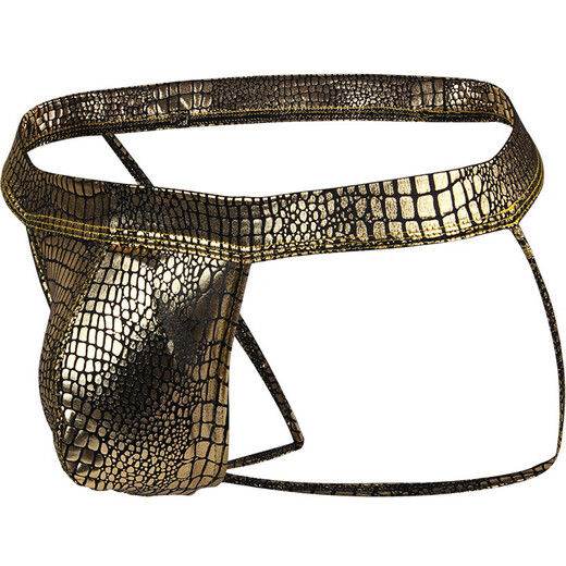 Men's sexy double thong low waist polyester snake print fabric large bag hollow briefs gold 2XL
