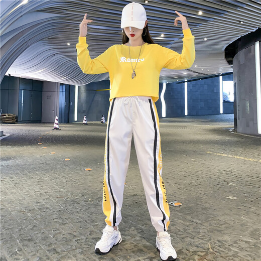 皮尔卡丹（PIERRE CARDIN）跑步健身杨丽萍爵士舞广场舞衣服运动服装套装女2025新款春秋宽松 S08白黄裤+6212黄色长袖套装 S 建议80-100斤