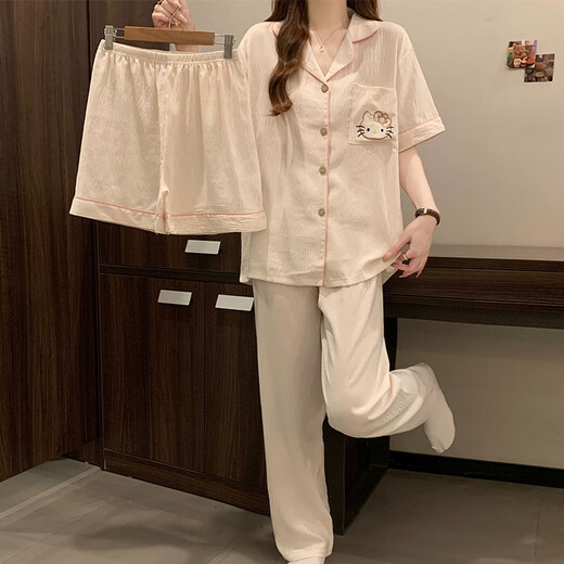 Mengluan avec poitrine de poitrine en trois pièces pyjamas pour femmes en nuage d'été coton 2025 Nouveau caricaturé à carts shorts shorts à la maison y866 rose chaton de poitrine fixe m m m