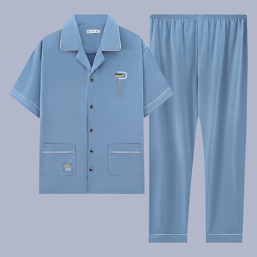 KuZHANG (KUZHANG) men's pajamas summer short-sleeved pure cotton thin loose plus size casual youth home clothing suit can be worn outside g3884 blue-short-sleeved trousers L Recommended 100-120Jin [Jin equals 0.5 kg]