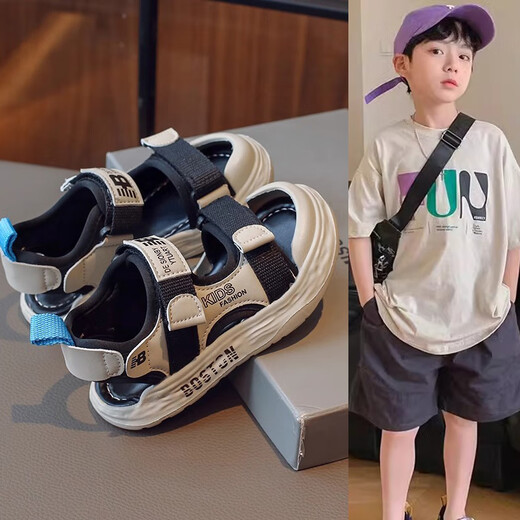 LeCali Boys Sandals Summer 2025 New Children's Shoes Beach Shoes Medium and Large Children Non-Slip Boys Baotou Sports Baby Black Size 32 Inner Length 19.5cm