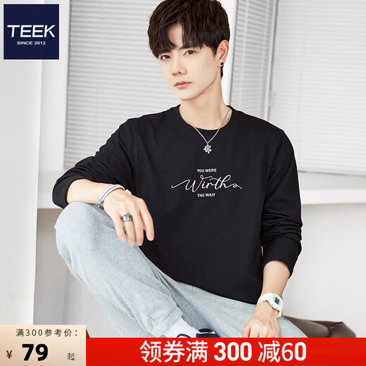 TEEK潮流长袖t恤男生休闲衣服 2025简约字母印花男装秋季时尚体恤上衣 HC687黑色 4XL