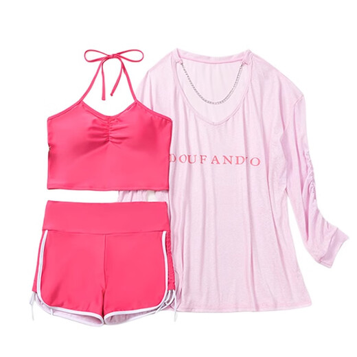 Juke plus size swimsuit women's new summer boxer blouse three-piece set to cover belly, slimming and loose, hot spring resort swimsuit, pink three-piece set, one size fits all (120-150Jin Jin is equal to 0.5 kg)