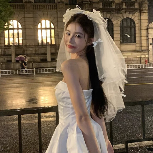 Bo Na Ling veil, white bridal veil, certificate registration headdress, super fairy bow, fluffy veil, photo props, double bow, love veil, hairpin style